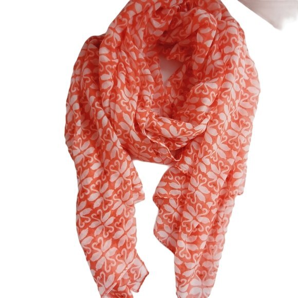 Scarf Large Orange & White Lightweight Semi-Sheer Kissing Swans Heart Pattern - Picture 2 of 3
